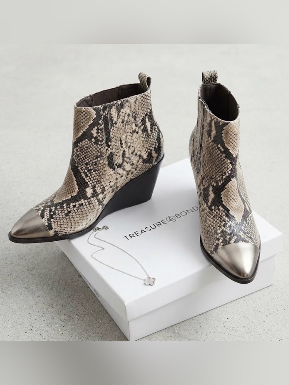 Treasure & Bond Metallic-Tip Snake Print Wedge Ankle Boot sz8.5 (no box)